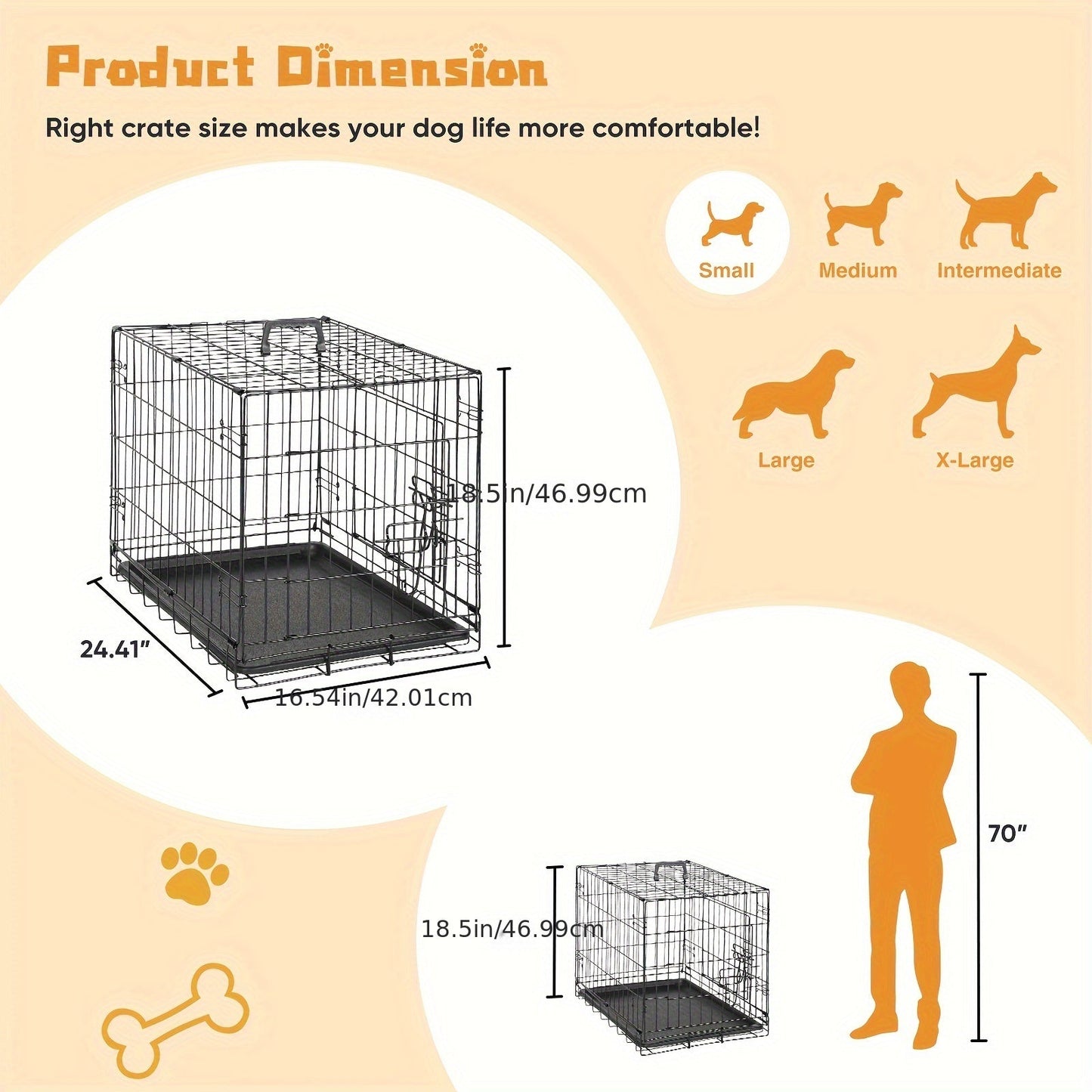 Folding Metal Wire Dog Crate Double Door with Divider Panel Leak-Proof Pan Tray Pet Kennel Indoor Outdoor Travel Small Medium Large XL Dogs 4 Sizes