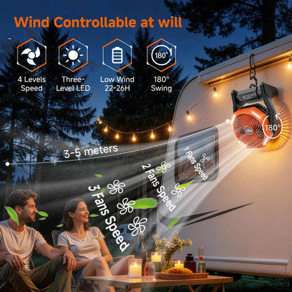 20000mAh Camping Fan with LED Light – 4 Wind Speeds, Brushless Motor, 180° Oscillation, 22-26H Battery Life, 3-in-1 Portable Outdoor Desk Fan for Camping, Hiking, Picnic & Emergency Use – 6 Colors