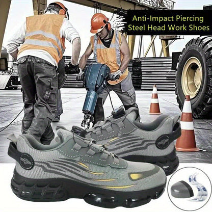 Steel Toe Work Shoes for Men & Women – Lightweight Breathable Safety Sneakers with Anti-Slip Sole, Low-Top Round Toe – Ideal for Construction, Warehouse, Outdoor & Camping (Black/Grey, US 5–12.5)