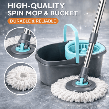 360° Spin Mop and Bucket Set with Wringer – Microfiber Mop Refills, Stainless Steel Extended Handle, Separate Compartment, Floor Cleaning System