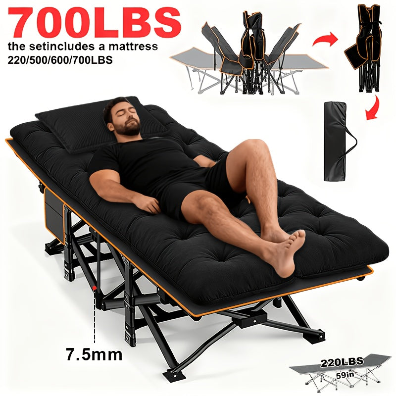 Heavy Duty Folding Camping Cot up to 700LBS – Extra Large 59"/75" Thickened Folding Bed with Mattress, Ergonomic Sturdy Frame, Portable Guest Bed & Patio Sofa for Camping, Hiking & Home Use – Black & Gray