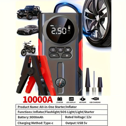 Portable Car Jump Starter Kit 12V Multi-Function Battery Booster LED Flashlight SOS Rescue Light Air Pump for Cars Trucks SUVs Emergency Roadside Power