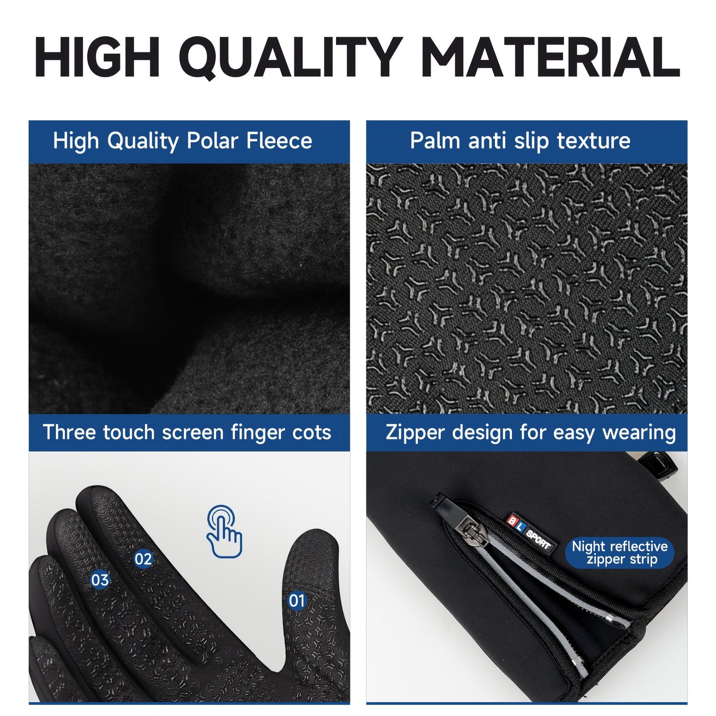 Windproof Waterproof Winter Sports Gloves with Touchscreen & Anti-Slip Grip – Warm Cycling Skiing Gloves for Men & Women, 100% Polyester, Zipper Closure, Sizes M-XL