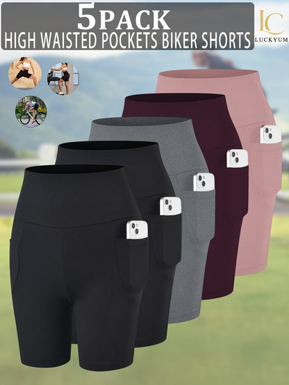 Women's High Waisted Biker Shorts 5 Pack with Pockets | Tummy Control No See-Through Squat-Proof | 6" Inseam Workout Running Yoga Gym Shorts | Soft 4-Way Stretch | XS-XXL Mixed Colors