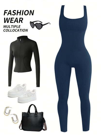 Women's Sleeveless Square Collar Jumpsuit – 90% Nylon Stretch Fabric, Thick & Opaque Active Wear for Yoga, Pilates, Running, Fitness & Everyday Events, Sizes S-XL, Multiple Colors
