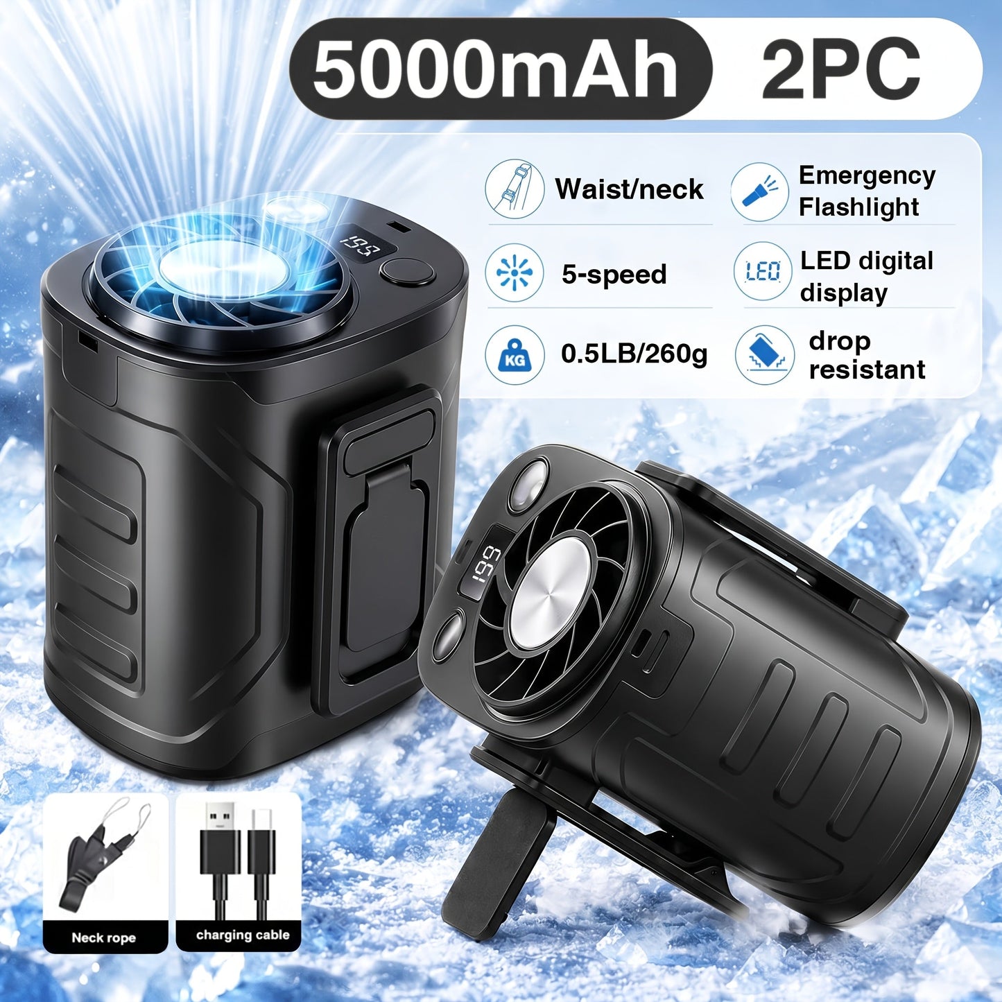 Portable Neck & Waist Fan 18000RPM Brushless Motor – 199-Speed Adjustment, 5000mAh Battery, LED Power Display, Hands-Free Wearable Cooling Fan for Outdoor Work, Camping, Fishing, Hiking & Travel