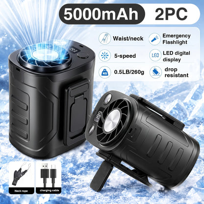 Portable Neck & Waist Fan 18000RPM Brushless Motor – 199-Speed Adjustment, 5000mAh Battery, LED Power Display, Hands-Free Wearable Cooling Fan for Outdoor Work, Camping, Fishing, Hiking & Travel