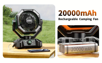20000mAh Camping Fan with Dual Motor – Battery Operated Portable Fan with 4 LED Lantern Modes, 8 Speeds & Remote Control, Hanging Hook for Tent, Power Outages & Jobsite Use