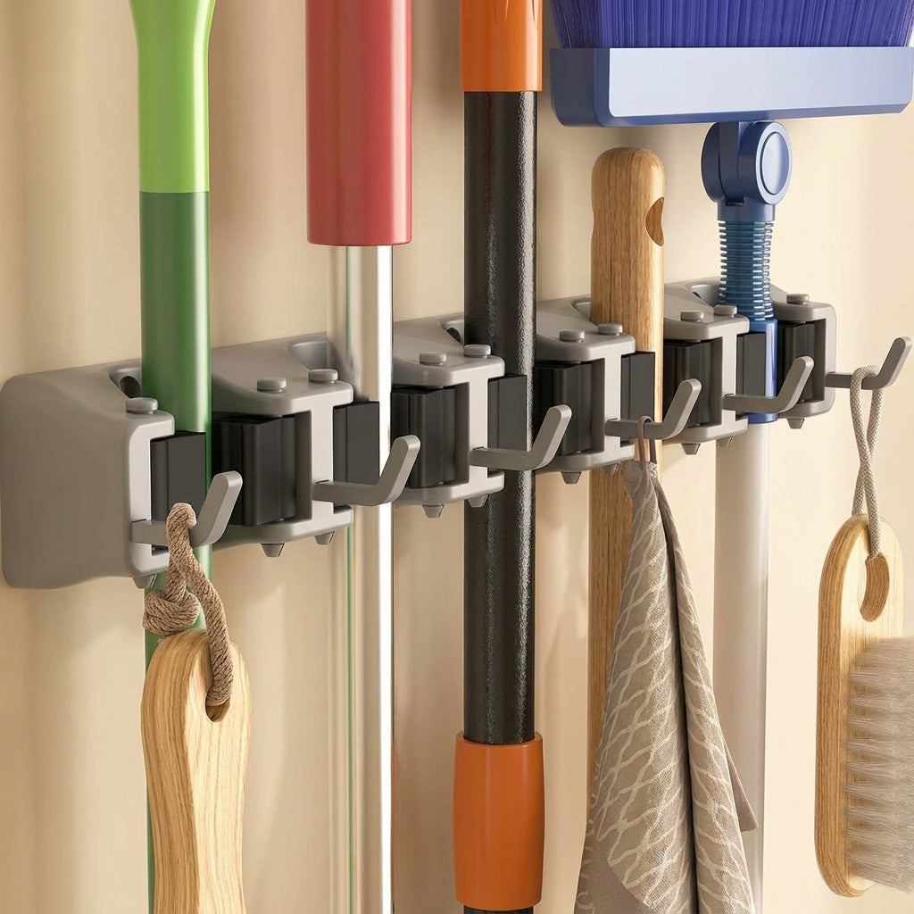 Wall-Mounted Mop and Broom Holder Organizer 5 Slots 6 Hooks Heavy-Duty Non-Slip Cleaning Tool Rack for Home Garage Kitchen Laundry Room Boat – Easy Install on Any Surface
