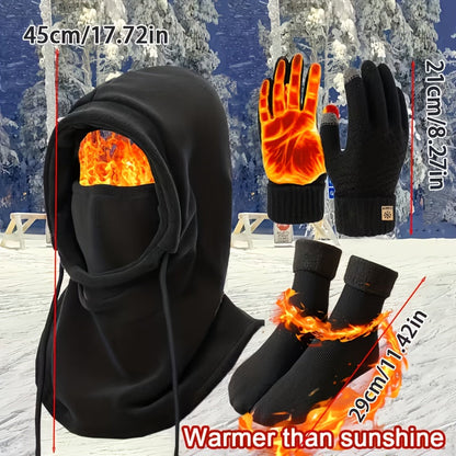 Winter Thermal Set 3/4pcs Windproof Face Mask Touchscreen Gloves Thick Fleece Socks Cold Weather Gear for Snowboarding Skiing Hiking Ice Fishing – Lightweight Warm Outdoor Accessories Bundle