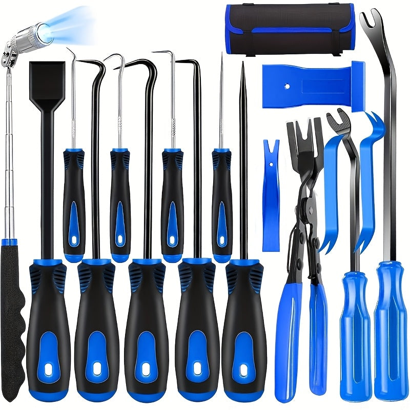 17Pcs Auto Trim Removal Tool Kit with Picks, Pry Tools, Metal Scraper & Magnetic Telescopic Pickup - Car Dash Panel Door Clip Remover Set, Bicycle Maintenance Tools