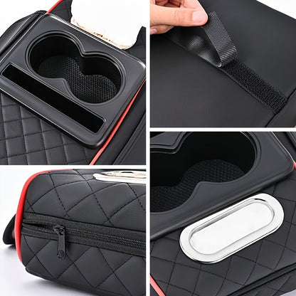 PU Leather Car Center Console Mat & Armrest Box Cover | Universal Fit, 2 Side Pockets, 2 Cup Holders, Phone & Card Storage, Tissue Box Replacement – Black, Grey, Red, Beige, Brown, Cream