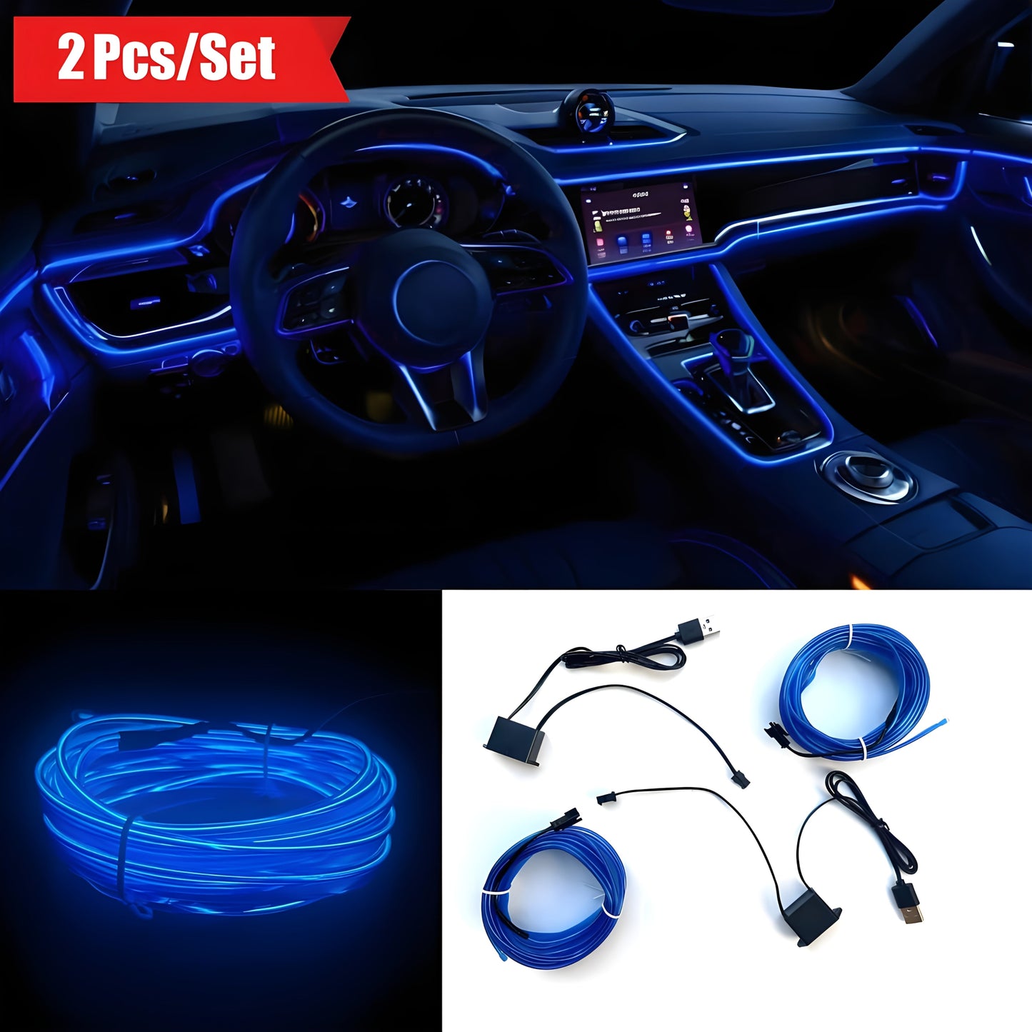 Car LED Strip Lights 16.4ft USB Neon EL Wire Interior Ambient Lighting Kit – 2 Sets, 7 Colors, Plug-and-Play, Universal Fit for Car Truck SUV RV, Great Gift for Car Lovers