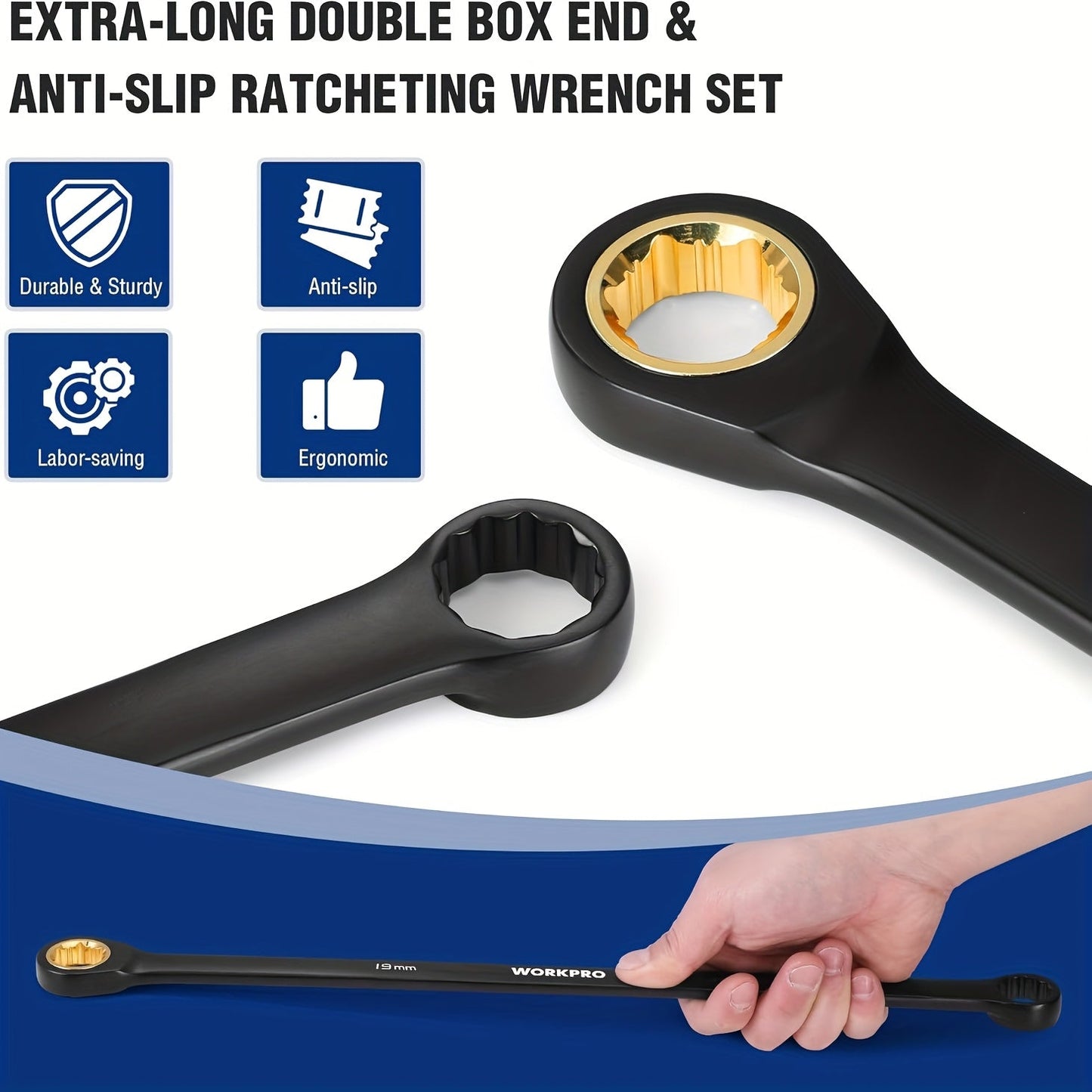 WORKPRO 10pc Extra Long Ratcheting Wrench Set – Anti-Slip Double Box Wrenches Metric 8-19mm, 72-Teeth Cr-V Steel, Black Electrophoretic Coating, Rolling Pouch Included, Professional Hand Tool Kit