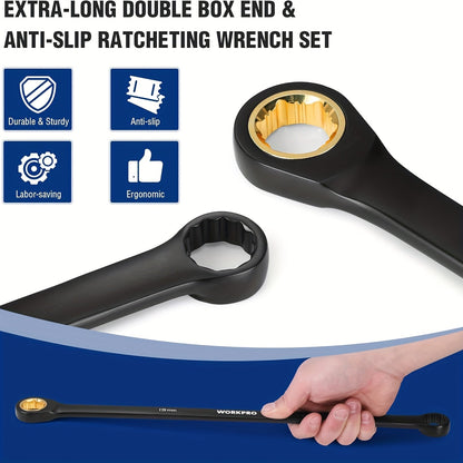 WORKPRO 10pc Extra Long Ratcheting Wrench Set – Anti-Slip Double Box Wrenches Metric 8-19mm, 72-Teeth Cr-V Steel, Black Electrophoretic Coating, Rolling Pouch Included, Professional Hand Tool Kit