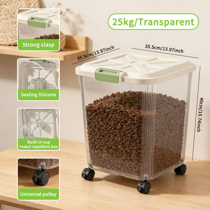 Airtight Pet Food Storage Container with Wheels Locking Lid Built-in Scoop Moisture-Proof Dog Cat Food Bin Kitchen Pantry 11 22 38 55 lbs Dry Food Storage