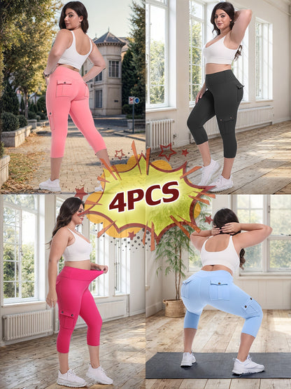 Women's High Waist Yoga Capri Pants 4-Pack 4-Way Stretch Butt Lifting Tummy Control 4 Pockets - Workout Running Sports Leggings S-XXL All Season