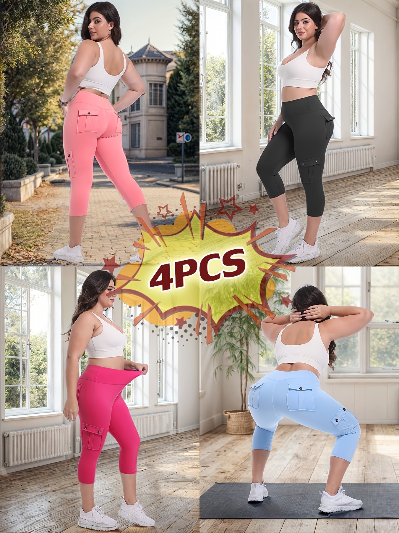 Women's High Waist Yoga Capri Pants 4-Pack 4-Way Stretch Butt Lifting Tummy Control 4 Pockets - Workout Running Sports Leggings S-XXL All Season