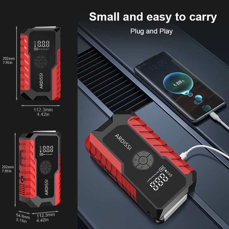Portable Car Jump Starter 7-in-1 10000mAh 5000A Peak – 150PSI Digital Tire Inflator, LED Emergency Light & USB Charging for 12V Gas & Diesel Trucks SUVs Motorcycles – Holiday Gift for Men