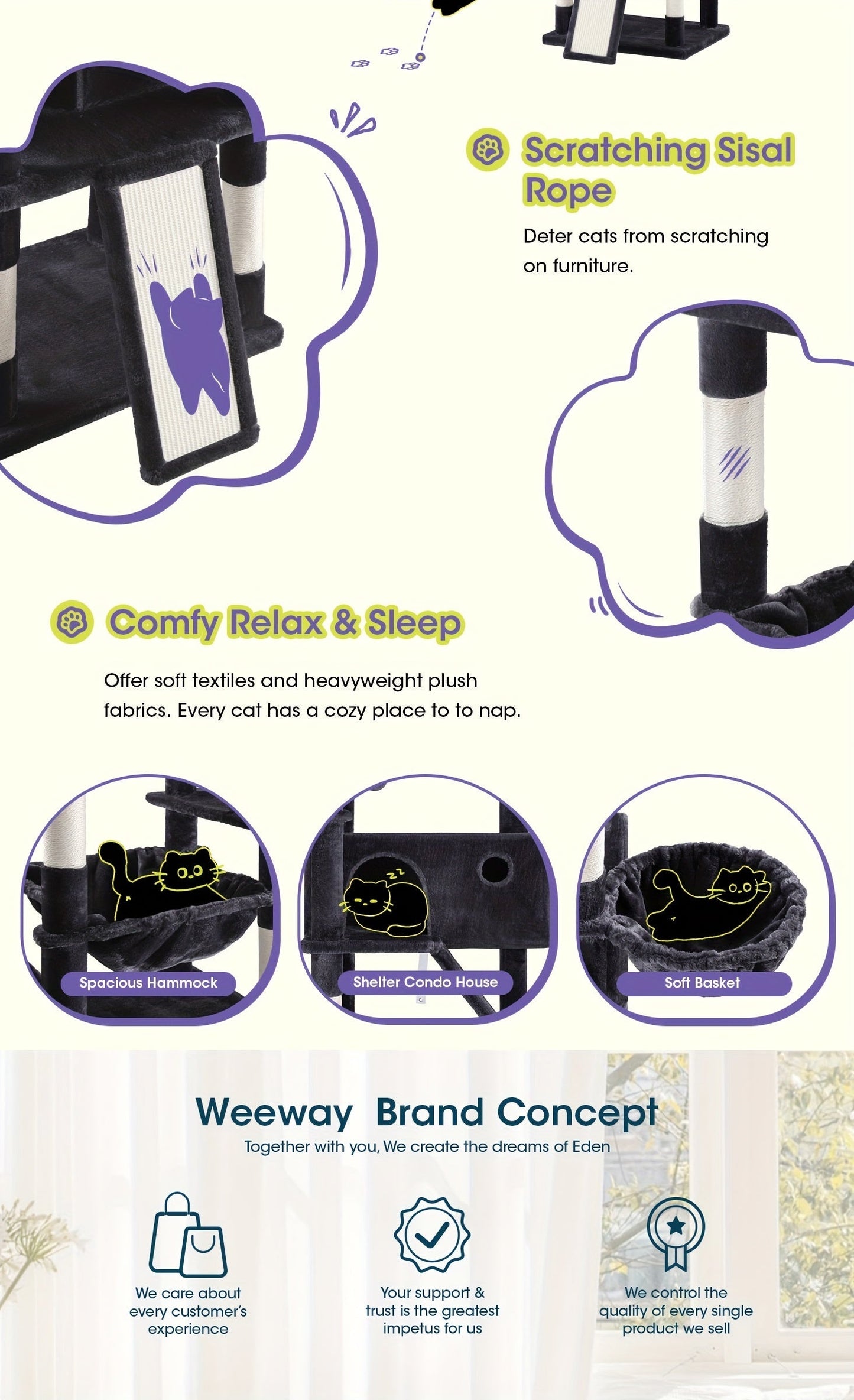 WEEWAY Corner Cat Tree Tower for Indoor Cats 36–81 Inch – Multi-Level Cat Furniture with Sisal Scratching Posts, Condo Cave, Hammock, Ramps, Plush Perches, Basket & Pompom Toys, Perfect Cat Gift