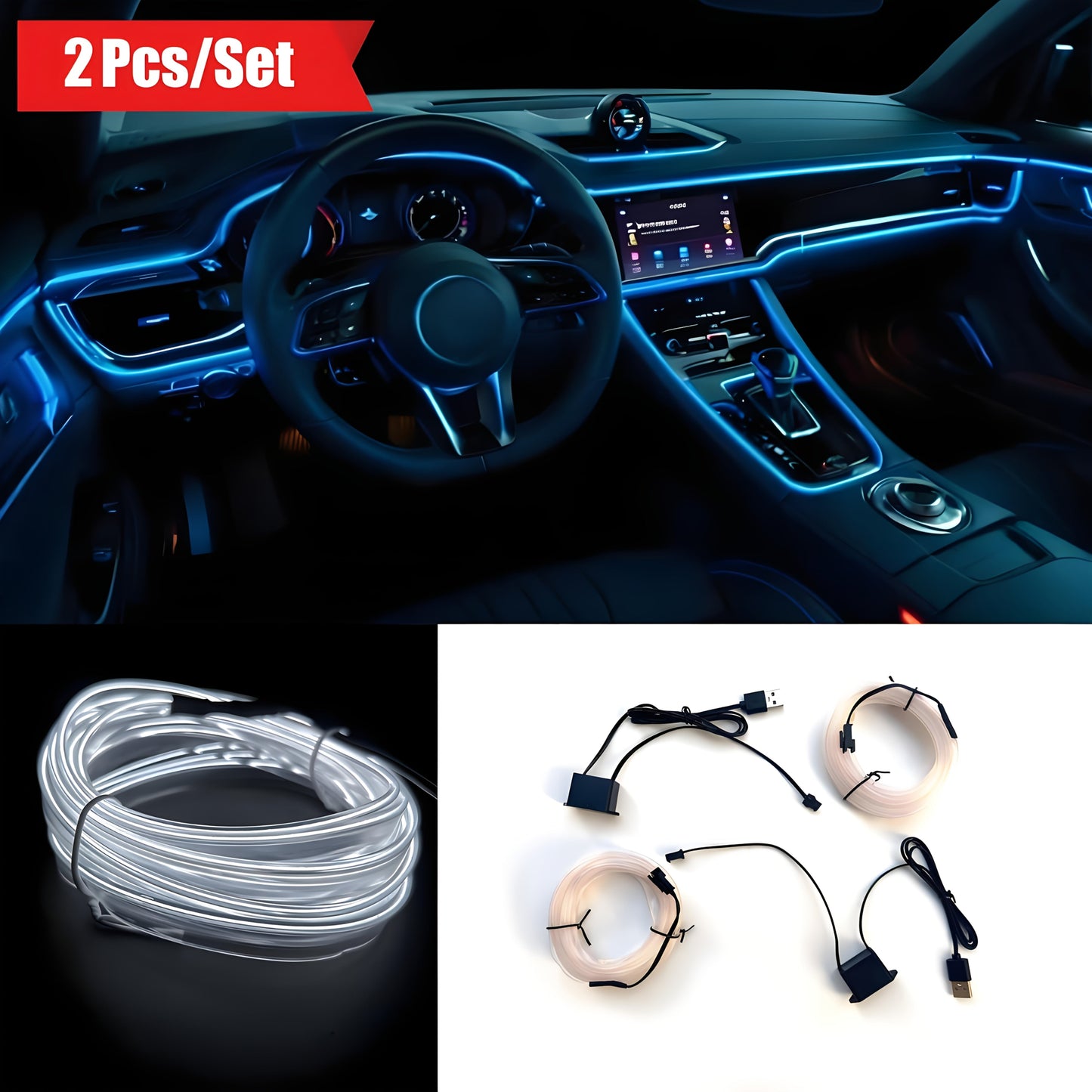 Car LED Strip Lights 16.4ft USB Neon EL Wire Interior Ambient Lighting Kit – 2 Sets, 7 Colors, Plug-and-Play, Universal Fit for Car Truck SUV RV, Great Gift for Car Lovers