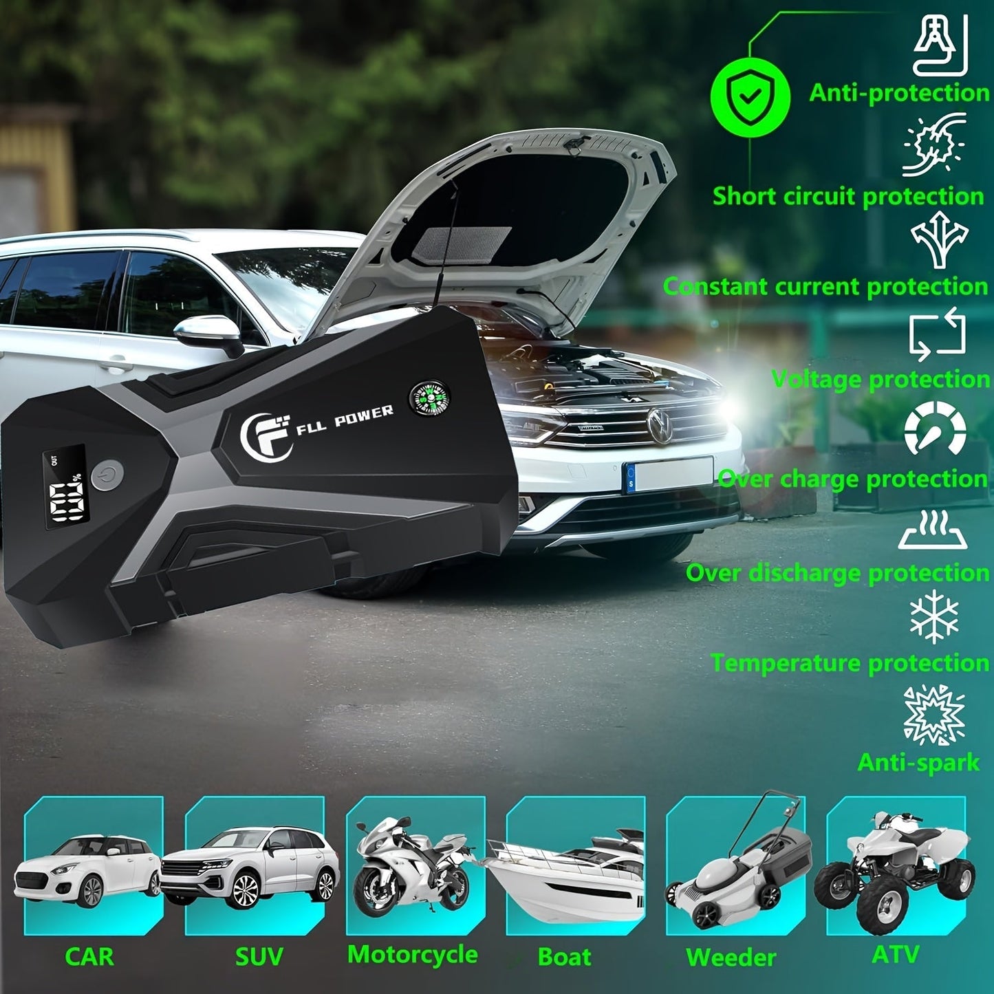 Portable Car Jump Starter Power Pack 1600A–3000A 12V Battery Booster – Compact Emergency Start for Gas & Diesel Engines with USB Charge Ports & LED Flashlight
