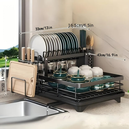 2-Tier Dish Drying Rack for Kitchen Counter with Drainboard Drain Mat Knife Fork Cup Holder Utensil Organizer Dish Drainer Kitchen Gadget Gift for Women Mother's Day