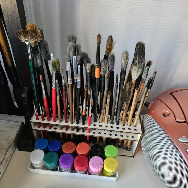 Wooden Paint Brush Holder 67 Holes - Desktop Pen Organizer for Artists, Art Supply Storage Box, Lightweight & Durable Brush Stand for Painting, Drawing & Crafts