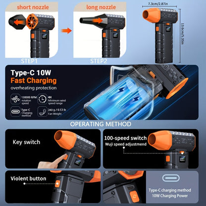 130000 RPM Turbo Fan Blower with USB-C Fast Charging, Smart Display & LED Light – 100 Wind Speed Settings for Car Cleaning, Dust Removal, Leaf Blowing, BBQ & Cooling – Black & Orange