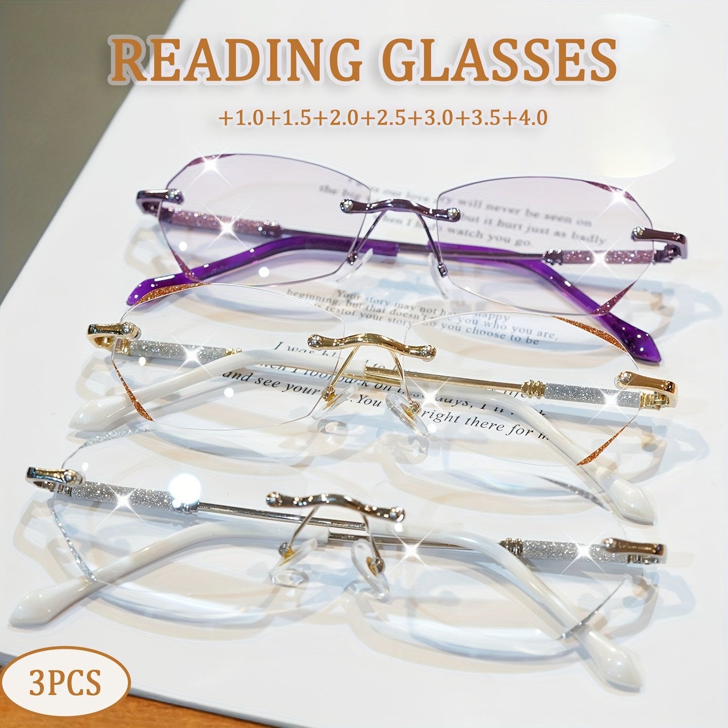 3-Pack Women's Rimless Reading Glasses with Diamond-Inlaid Edges Anti-Glare Lenses Lightweight PC Frame +1.0 to +4.0 Diopters for Phones Computers Books Christmas Gift