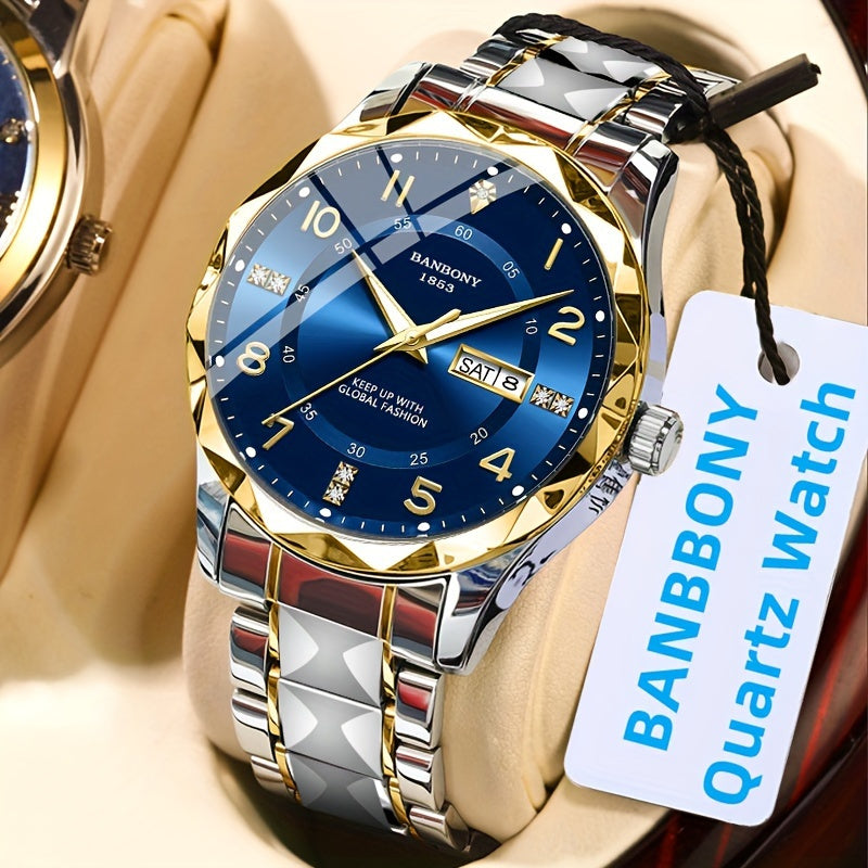 Stainless Steel Quartz Watch for Men & Women - Rhinestone Round Dial Luminous Display, Fully Automatic Multifunctional IPX7 Waterproof Wristwatch for Casual Sports, Holiday Birthday Gift
