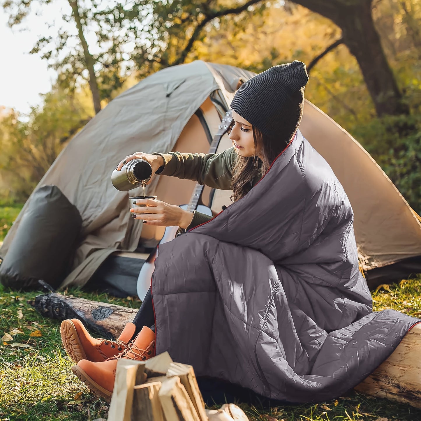 Outdoor Camping Puffy Blanket Foldable Lightweight Warm DWR Water Resistant with 3D Eye Mask 140x200cm for Camping Travel Car Beach Stadium Hammock Sofa Festival