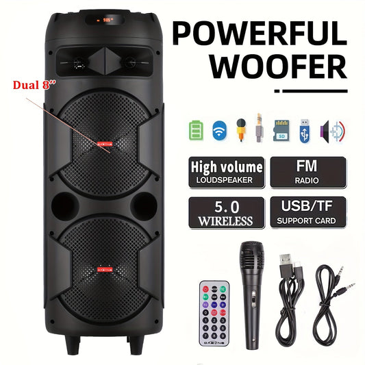 6000W Dual 8" Portable Wireless PA Speaker System – Rechargeable 1800mAh Battery, Wired Mic, Party Lights, Subwoofer, USB/AUX/FM for DJ, Outdoor & Party