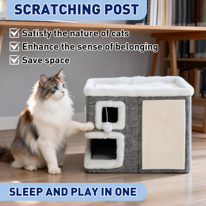 3-in-1 Cat House Indoor Condo – Luxury Wooden Ottoman Style Cat Bed Sleep Play & Scratch, Multi-Cat Friendly Large Cat Cave Hideaway Cube Furniture, Light Gray Standard & Large