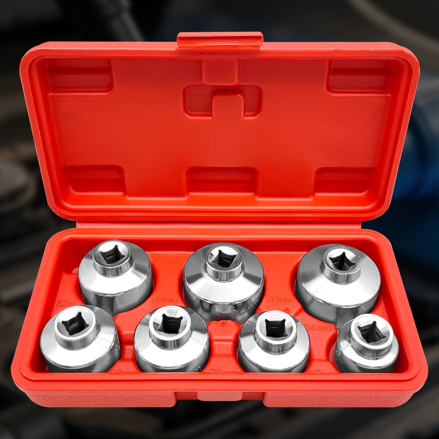 7-Piece Oil Filter Socket Wrench Set 3/8" Drive CR-V Steel 24mm 27mm 29mm 30mm 32mm 36mm 38mm - Universal Oil Filter Removal Tool Kit for Car Oil Changes