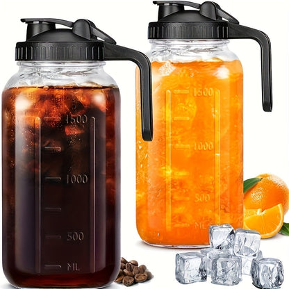 64oz Mason Jar with Handle & Lid – BPA-Free High Borosilicate Glass Beverage Carafe, Leak-Proof, 2/3 Pack, for Sports Outdoor Juice Water Kombucha, Holiday Gift