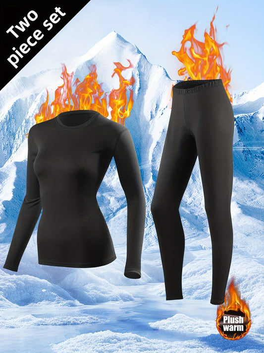 Women's Thermal Underwear Set 2 Piece Fleece Lined Leggings & Top, Compression Base Layer for Winter Sports Skiing Yoga Cycling, Warm Activewear Loungewear Sleepwear for Cold Weather