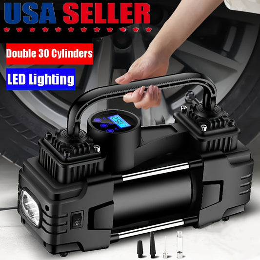 12V 150 PSI Portable Tire Inflator Air Compressor – Dual Cylinder Auto Air Pump with LED Digital Pressure Gauge, Auto Shutoff & LED Light for Car, SUV, Truck, Bicycle, Basketball & Inflatables