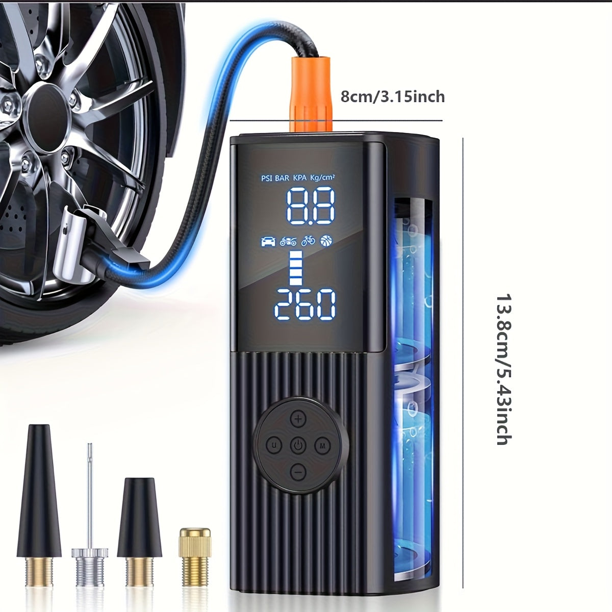 Portable Tire Inflator 210PSI Cordless with Digital Pressure Gauge, Rechargeable Battery & LED Light – Wireless Air Pump for Car, Motorcycle, Bicycle & Sports Balls – Velora