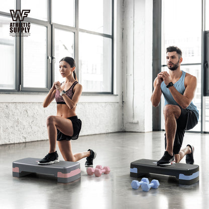 Adjustable Height Aerobic Stepper Set with 2 Dumbbells & Measuring Tape – Non-Slip Exercise Step Platform, 4"-6" Level Risers, 550 LB Capacity, Home Gym Workout – Pink Grey, Blue & Green