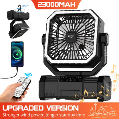 20000mAh Portable Camping Fan with Remote Control, LED Lights, 4 Speeds & 360° Rotation – Rechargeable Battery Operated Oscillating Tent Fan for Outdoor Camping, RV & Travel