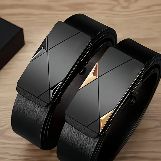 Men's Automatic Ratchet Buckle Belt - Black Adjustable Sliding Belt for Business Dress & Jeans, Durable Comfortable No-Holes Belt with Micro-Adjustable Buckle, Perfect Gift for Dad & Husband