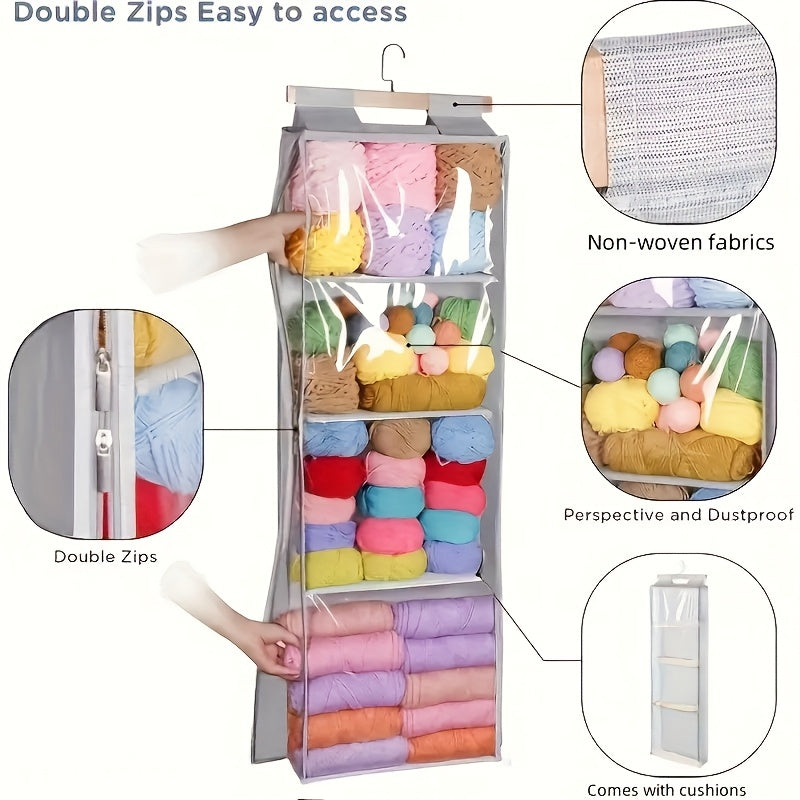 Hanging Yarn Storage Bag with 4 Large Pockets – Transparent Zipper Knitting & Crochet Organizer, Door Hook Rack, Double-Layer Fabric, Keeps Skeins & Hooks Organized | Velora