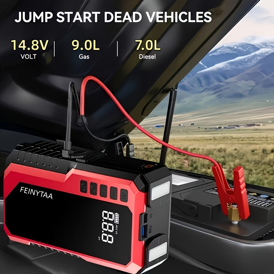 Jump Starter with Digital Tire Inflator 5000A/10000A Peak, Multi-Function Car Jump Box with Smart Battery Clamps LED Flashlight Power Bank, Emergency Kit for Car RV Motorcycle