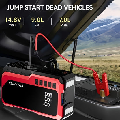Jump Starter with Digital Tire Inflator 5000A/10000A Peak, Multi-Function Car Jump Box with Smart Battery Clamps LED Flashlight Power Bank, Emergency Kit for Car RV Motorcycle