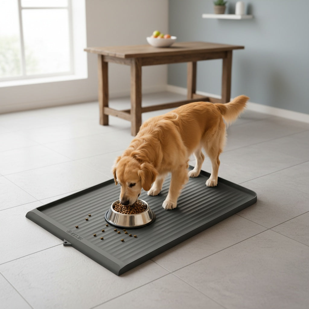Waterproof Pet Feeding Mat 36"x24" Large Non-Slip Dog & Cat Food Mat – Raised Edges, Diversion Grooves, Easy to Clean, Dog Bowl Mat for Food & Water, Grey