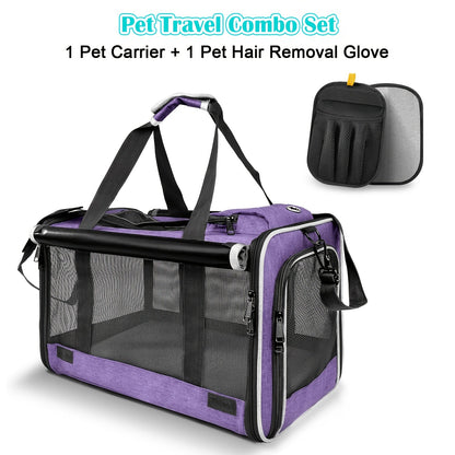 Airline Approved Pet Carrier Soft Sided – Breathable Collapsible Travel Bag for Cats & Small Dogs with Accessories Bundle Collar Bowls or Pet Glove 10 Colors Pink Blue Black Gray Navy Green Orange