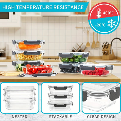 20-Pack 22oz Glass Meal Prep Containers with Airtight Lids – 10 Glass Containers & 10 Lids, Airtight Food Storage for Lunch, Pantry & Kitchen – BPA-Free Glass Lunch Bento Boxes