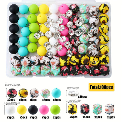 100pcs Silicone Beads Set with Storage Box Hexagonal Striped Printed Pattern Beads for DIY Jewelry Making Bead Pens Keychain Pendant Craft Supplies Girls Kids Teens Adults