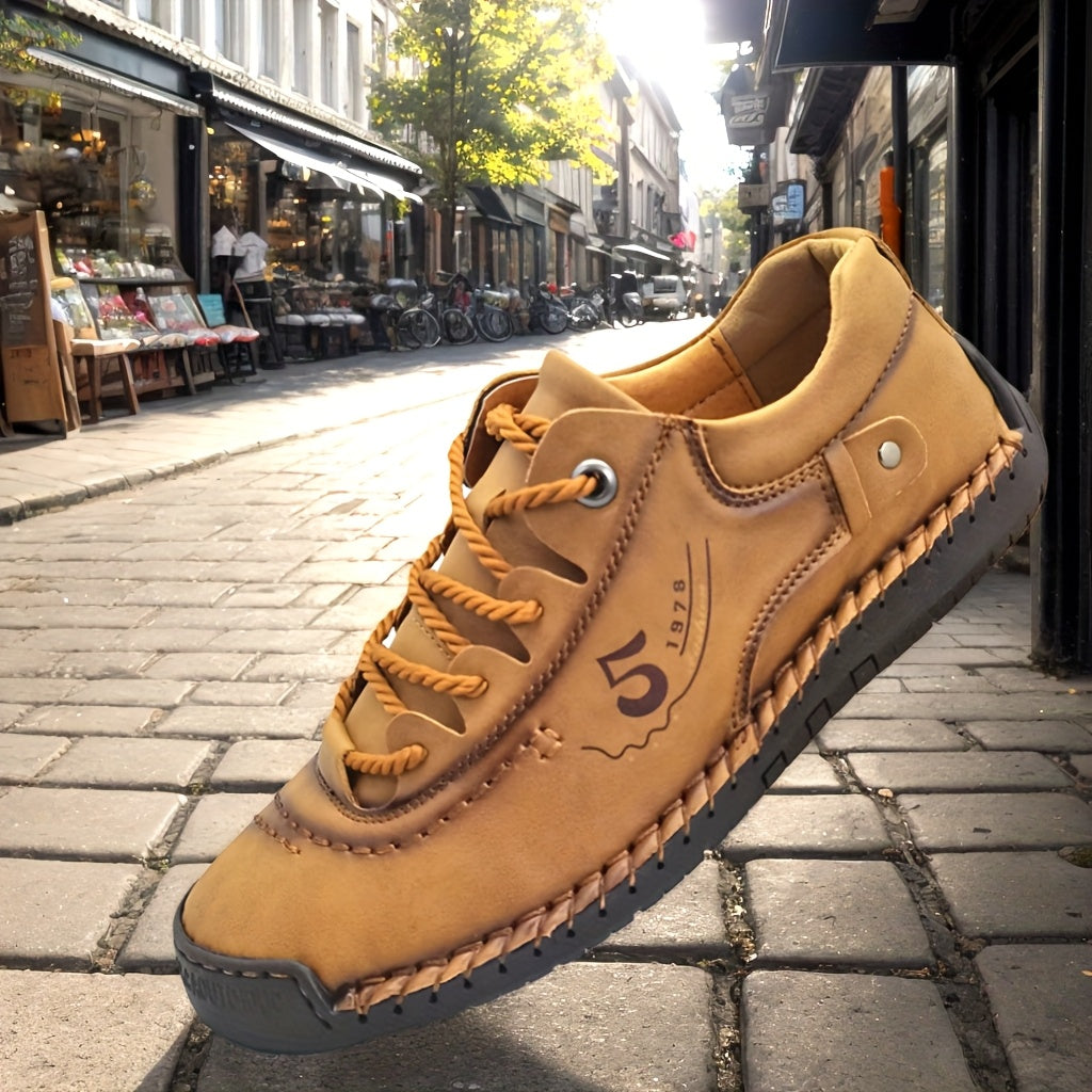 Men's Handmade Stitching Casual Sneakers – Flat Sole Lightweight Outdoor Walking Shoes in Black, Khaki, Blue, Military Green & Yellowish-Brown, Sizes US 7.5–12.5
